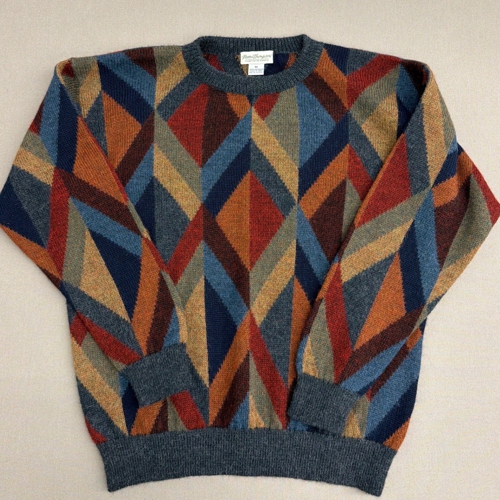Norm Thompson Mens Alpaca Wool Sweater Medium Geometric Diamond Knit Peru Blue